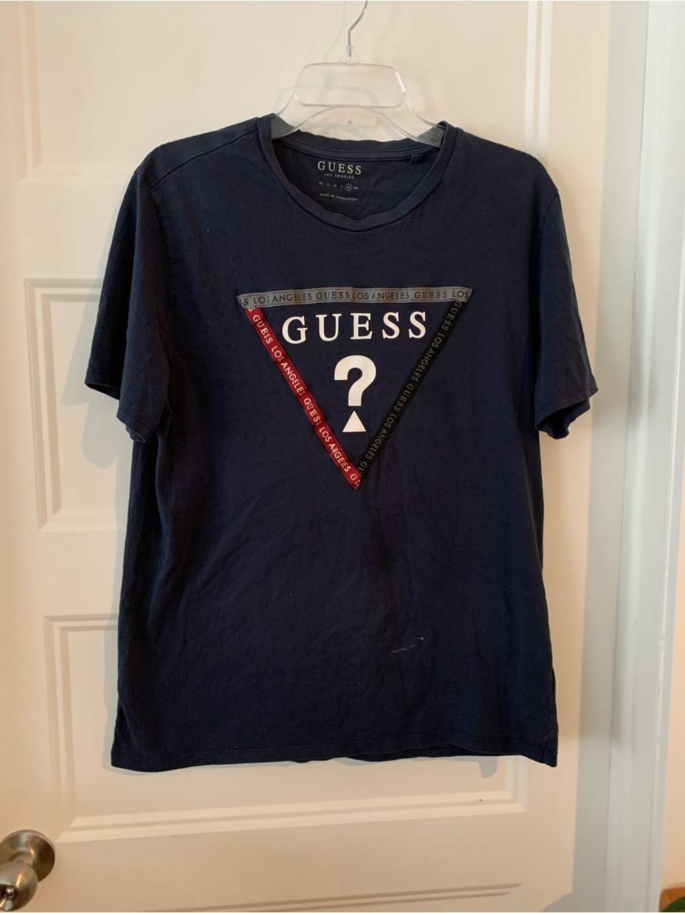 GUESS Navy Tee with White Logo and Red & Dark Green Accents